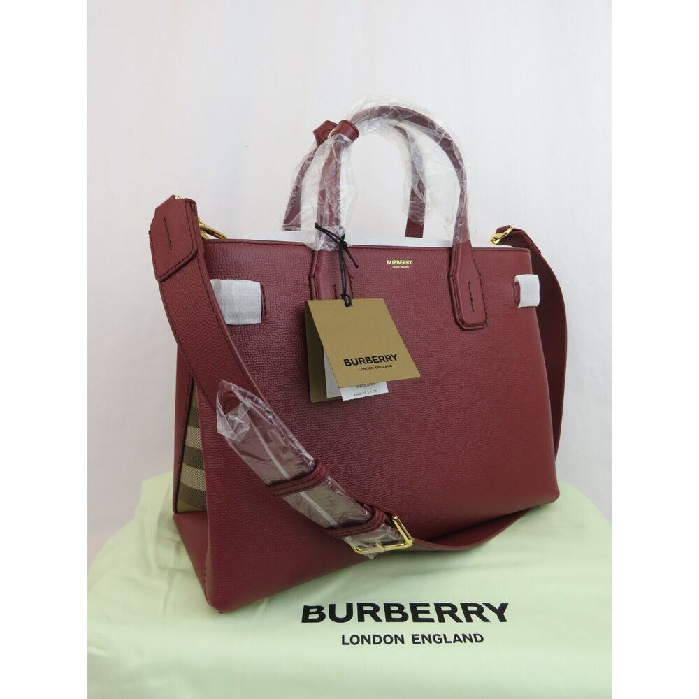 $1790 BURBERRY BANNER BURGUNDY LEATHER CHECK CANVAS SHOULDER MEDIUM TOTE BAG - Picture 4 of 15